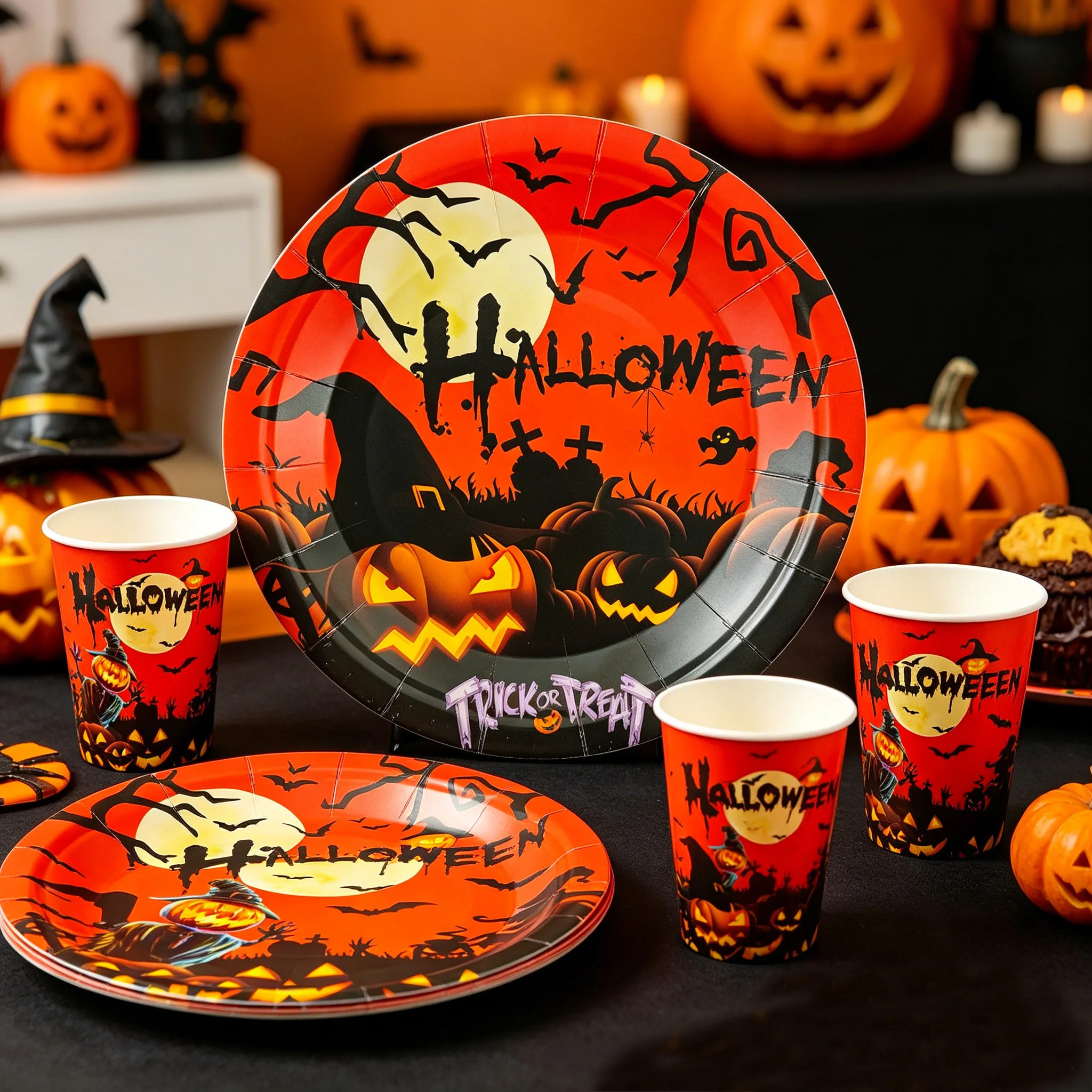 Halloween-Thema Einweggeschirr Pappteller Becher Servietten Kürbis Schloss Geist Halloween-Party-Deko Tischzubehör