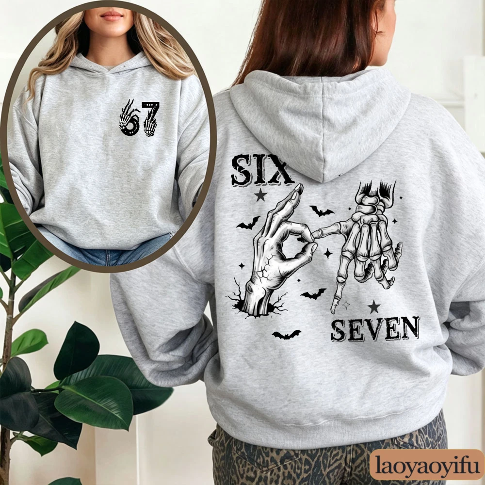 Six Seven Skeleton Hand Hoodie Halloween Goth Emo Bats Star Graphic Front Back Print Women Unisex Fall Casual Long Sleeve Jumper