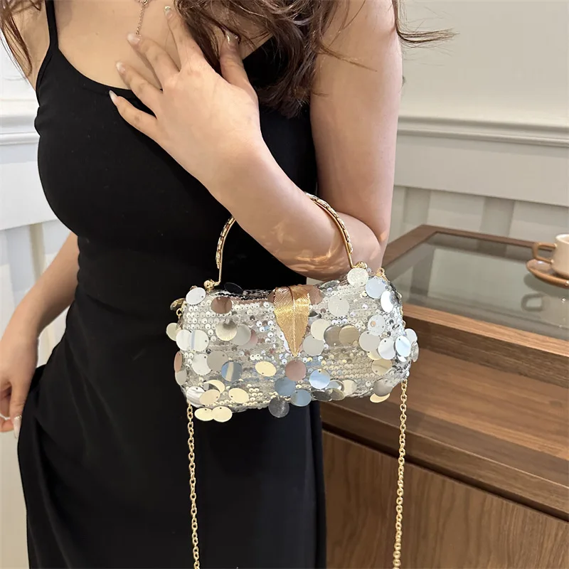 Trendy New Gold Silver Purple Sequin Evening Bag For Women Chain Shoulder Bag Crossbody Fashion Metal Handle Handbag Clutches