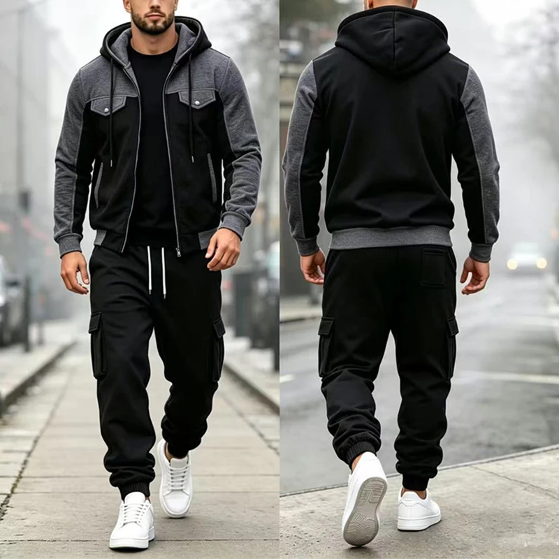 2026 Fall Outdoor Two Piece Sets Mens Vintage Hooded Tracksuits Men Fashionable Contrast Color Long Sleeve And Pants Outfits