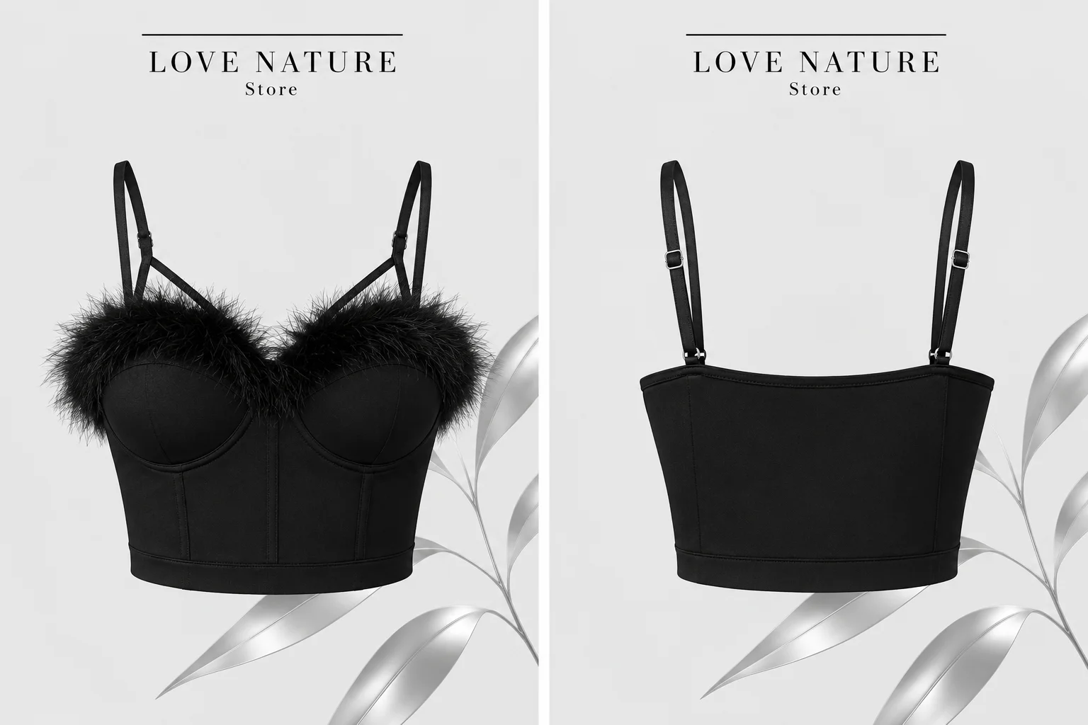 【LOVE NATURE Store】Women’s Black Feather Trim Corset Top, Underwire Bustier Crop Top