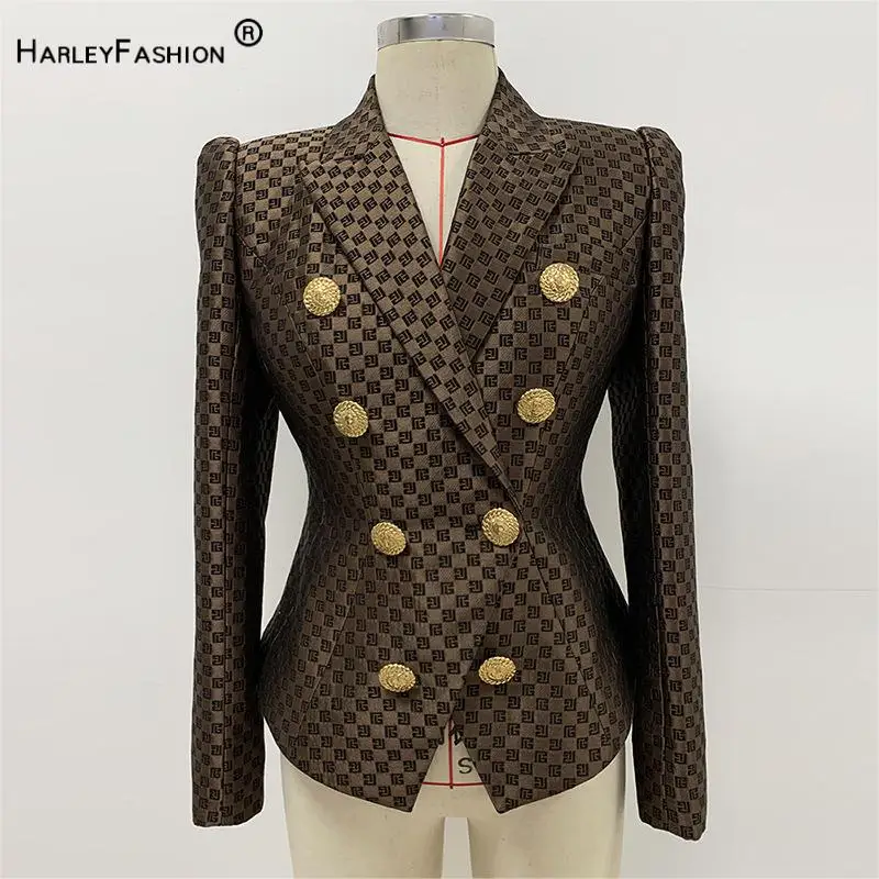 Newest Arrival Spring Jacquard Coat Lady Slim Fitted Double-breasted Women Long Sleeve Geometric Pattern Blazer