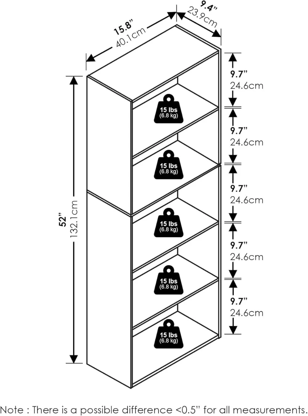 Estante de 5 camadas com prateleiras abertas, capacidade de 75 libras, para sala de estar, quarto, escritório, acabamento em pinho âmbar