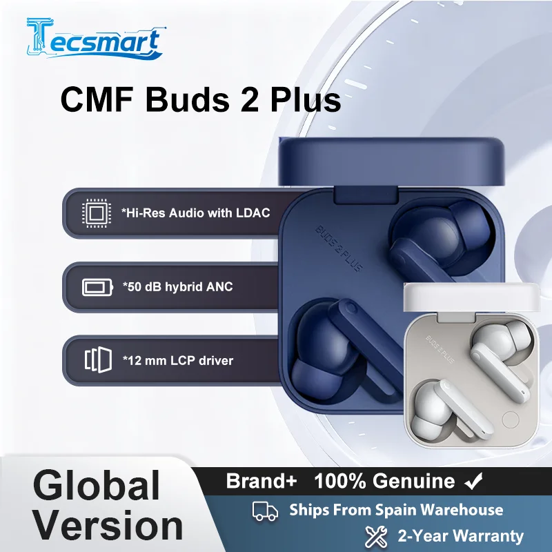 Version mondiale Cmf Buds 2 Plus Écouteurs sans fil 12mm Pilote Lcp 50Db Anc hybride Haute résolution Ldac Ip55 Résistance à l'eau et à la poussière