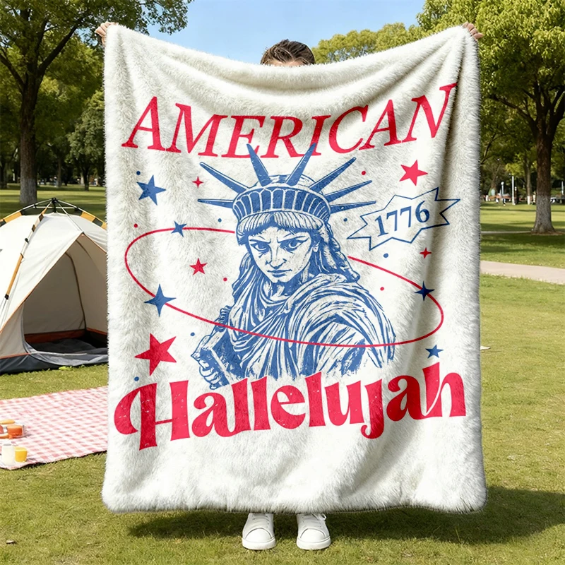 American Hallelujah  Flannel Blanket, Preppy Lady Liberty Graphic Flannel Throw, Patriotic Summer Cozy