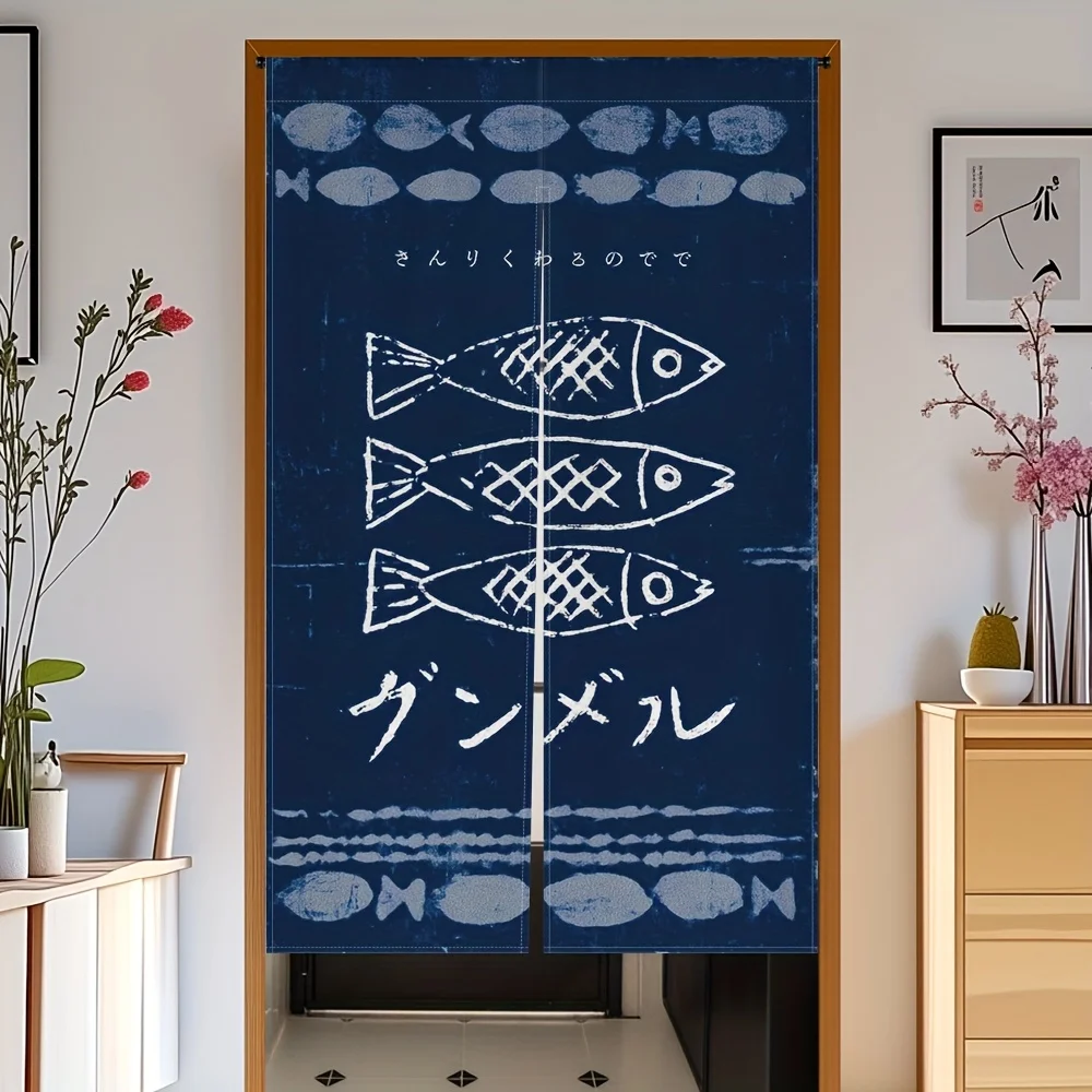 Noren Curtain – Navy Blue & White Koi Fish Pattern, Japanese Text, for Kitchen or Entryway Decor