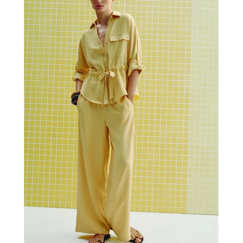 

Casual Long Sve irt Wide Leg Pants Collar Button up Women's Faion Set Summer 2025 Two-Piece Ensemble