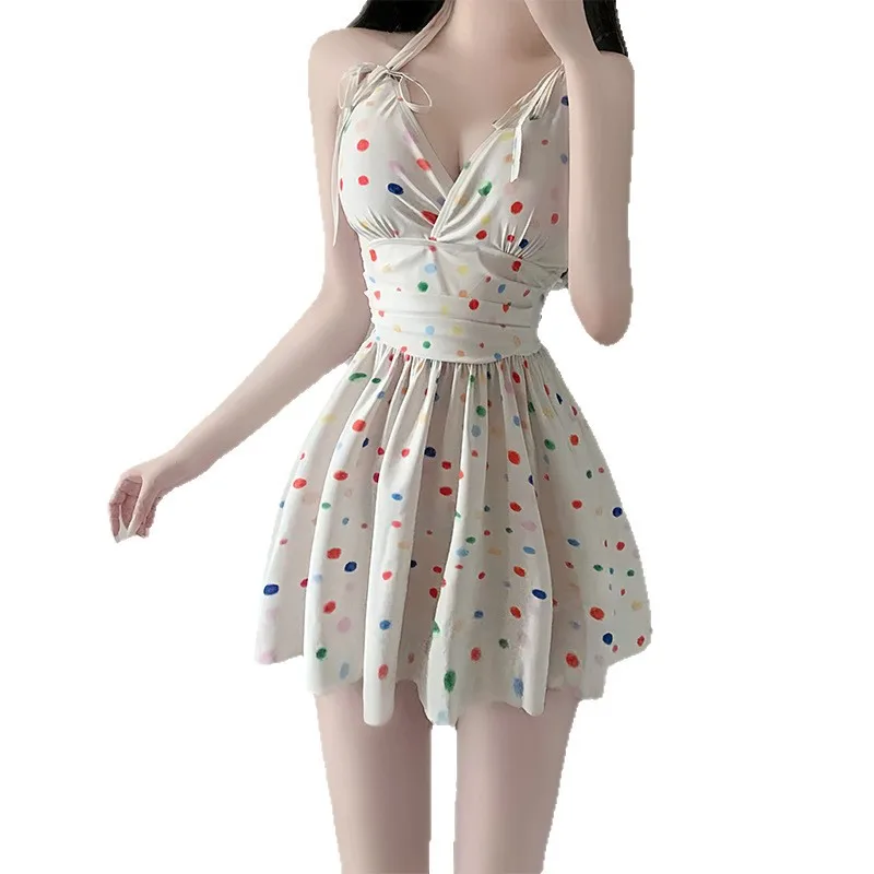 costumi da bagno sexy alla moda coreana con stampa a pois, costumi da bagno interi con fasciatura senza schienale, mini abito culotte, bikini imbottiti