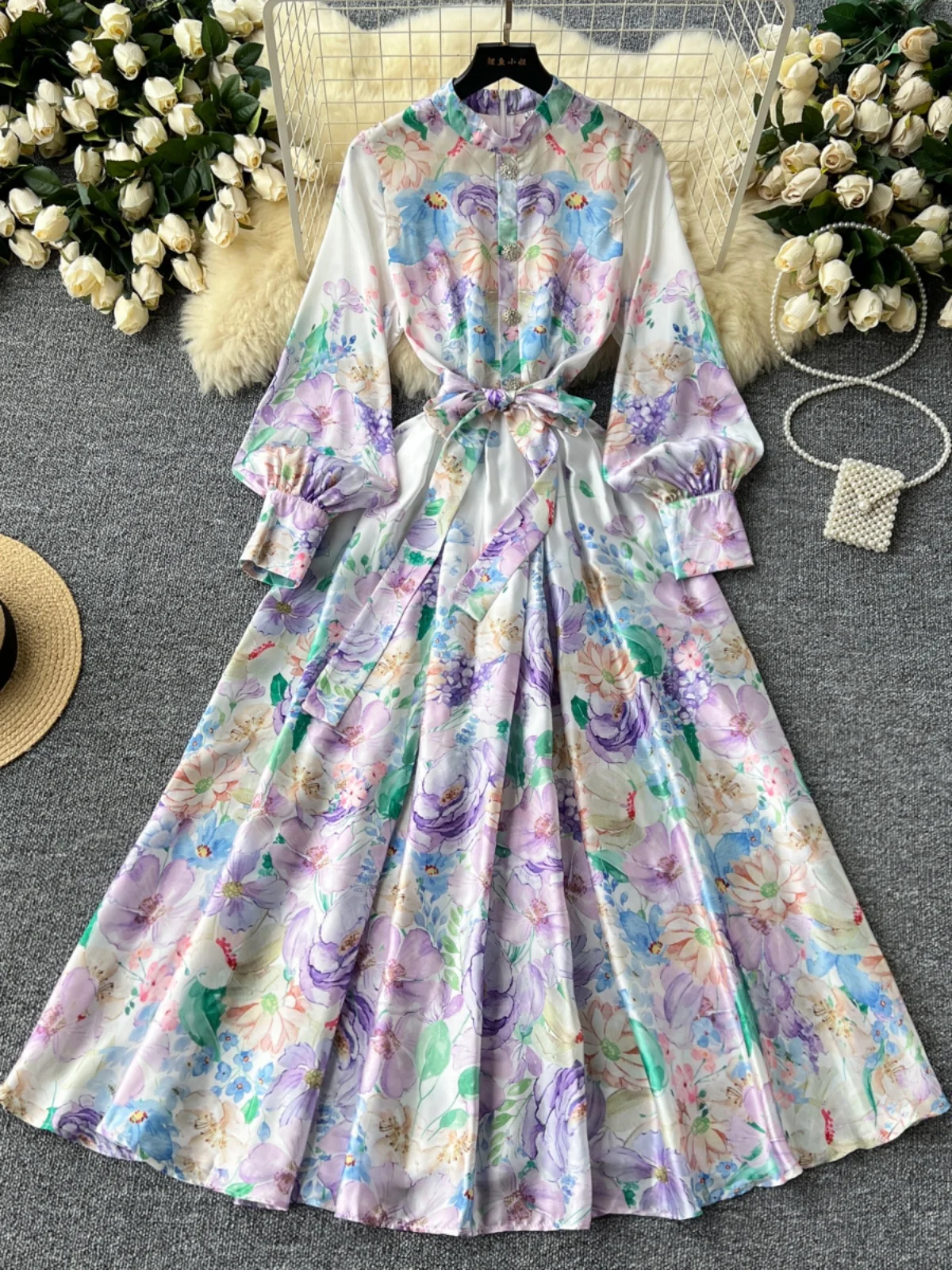 

French Style Floral Printed Dress Women Stand Collar Lantern Full Sleeve Lace Up Vestidos Elegant Female Long Party Dresses