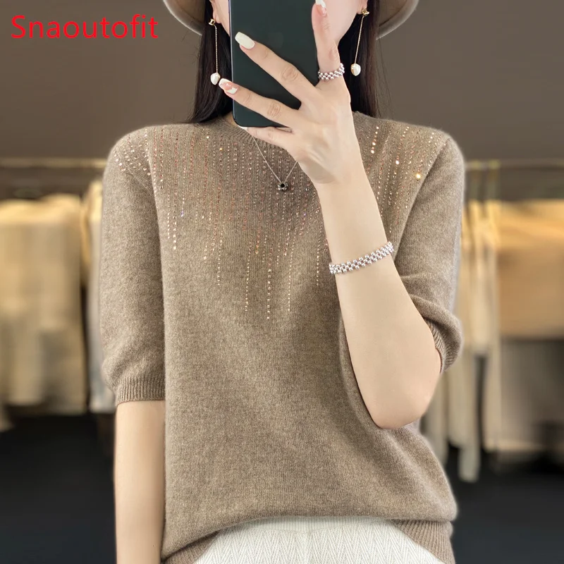 Spring and Summer O/V-neck Diamond Insert Merino Wool Knit Sweater Women\'s Chic Loose Jumper High Stretch Cashmere Pullover Tops