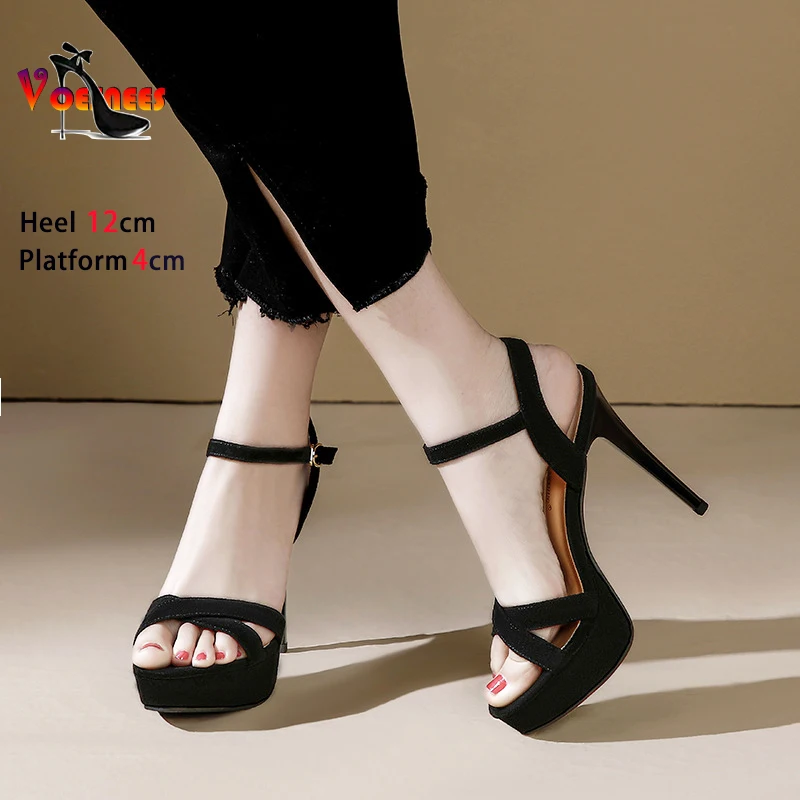 Fashion Party High Heels 12CM Faux Suede Ankle Buckle Strap Sandals Sexy Cross-Band Black Women Shoes Summer Platform Stilettos