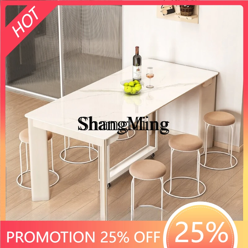 

SM new folding dining table household small apartment retractable rock slab solid wood cream style modern simple
