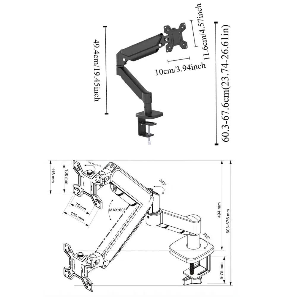 Desktop Mount Monitor Arm Stand 360° Multi-Direction Expandable Monitor Holder Ergonomic with Tray Monitor Bracket Home/Office
