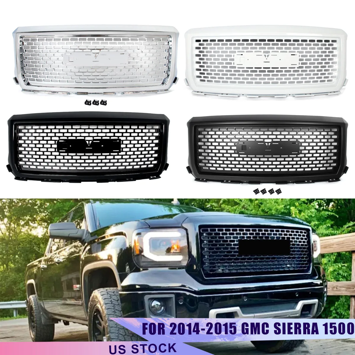 Front Grille For 2014-2015 GMC Sierra 1500 Denali Front Upper Bumper Grille Honeycomb Radiator Mesh Grid Cover Air Inlet Grille