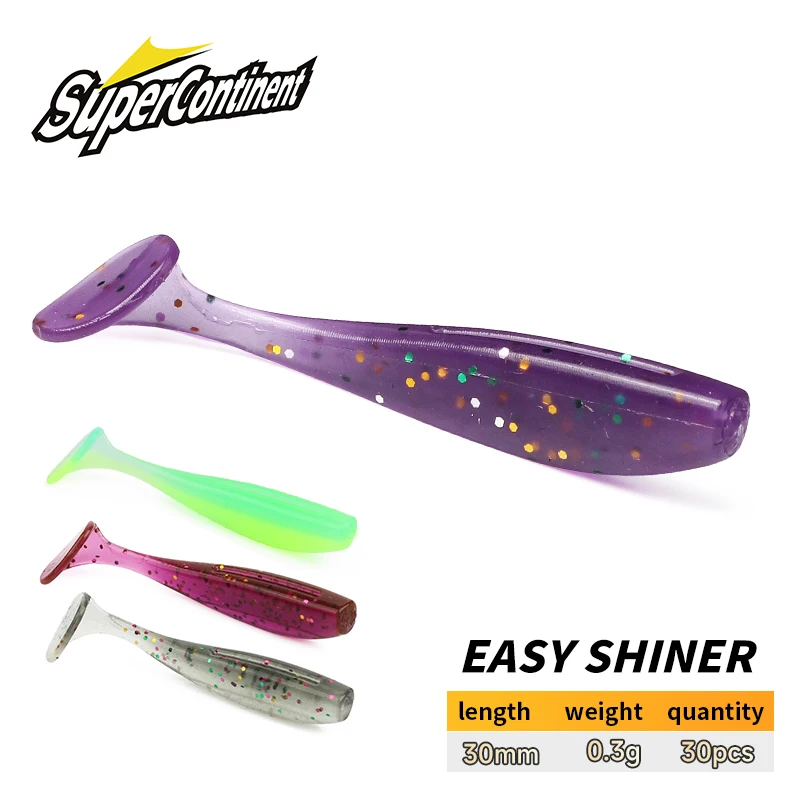 Iscas de pesca supercontinentes shad iscas macias 30mm/30 pçs fácil brilho uv isca artificial silicone pesca t cauda wobblers