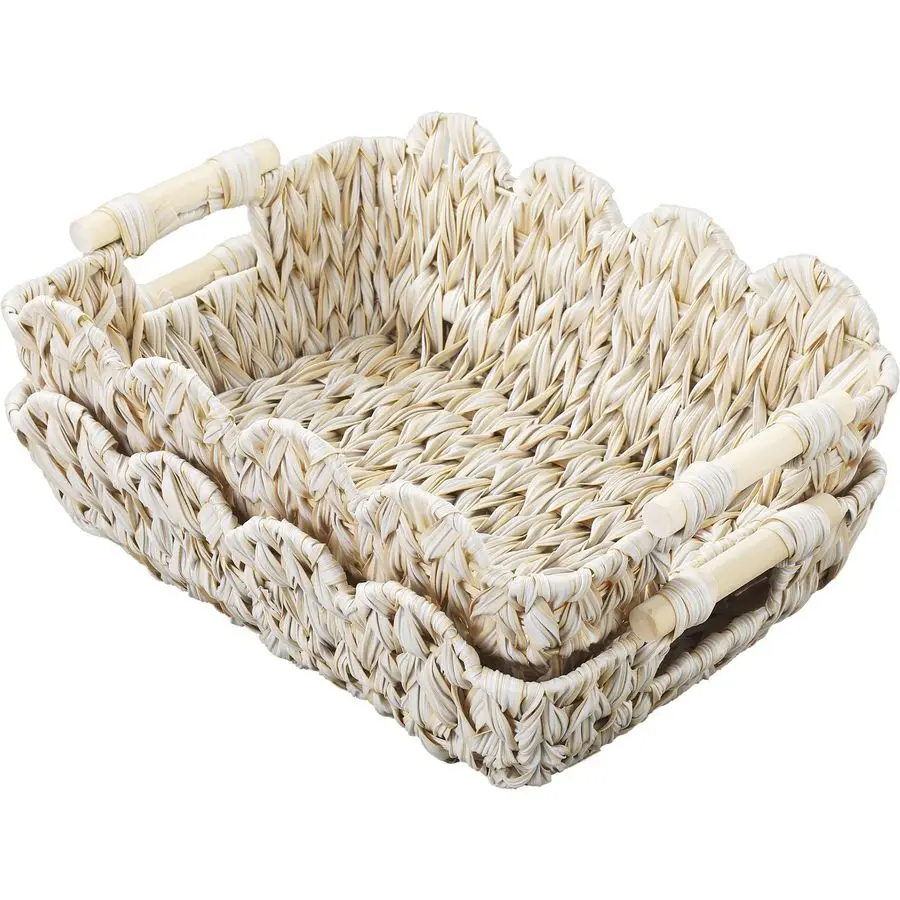 

Scalloped Basket,Boho Decortive Wicker basket with Wooden Handle,HandWoven Wicker Storage Baskets for Organizing,Shelves,Snack,D
