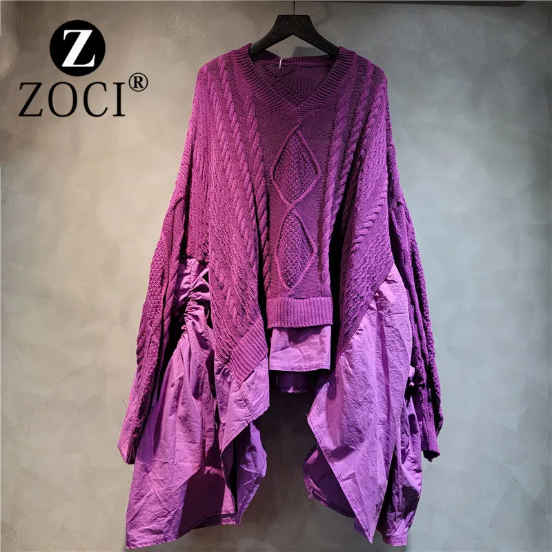 [ZOCI] Individuality Street Fried Dough Twists Woven Splice Ruffle Large Loose Bat V-Neck Long Sleeve Knit