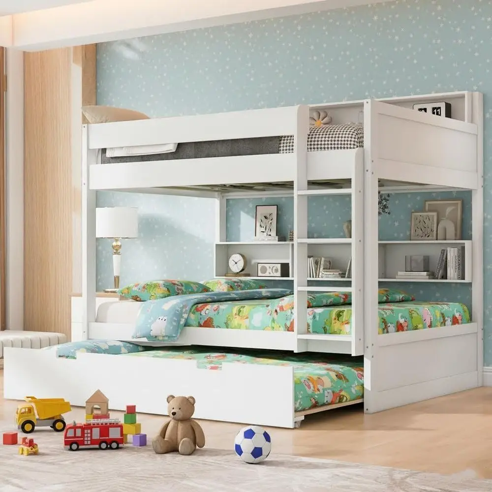 

Gray Twin Over Twin Bunk Bed with Trundle, Storage Shelves and Guard Rail