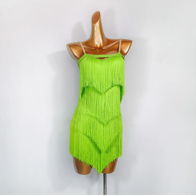 Vestido de franja latina, Salsa Samba Cha Dress, Cha Cha Dress, Preto, Neon, Rosa, Verde Neon, 745