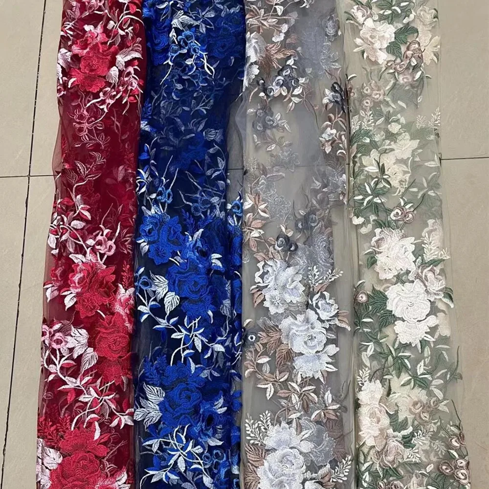 High Density 1Yard Blue Green Red Flower Embroidery Mesh Net Fabric African Lace Sewing On Wedding Dress Clothing Decoration Diy