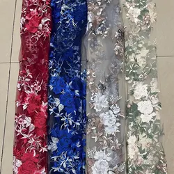 High Density 1Yard Blue Green Red Flower Embroidery Mesh Net Fabric African Lace Sewing On Wedding Dress Clothing Decoration Diy