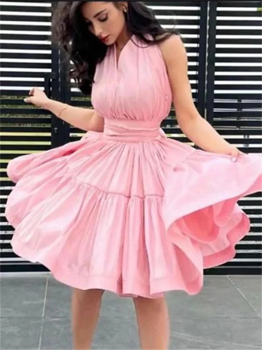 

ANGELSBRIDEP Short Pink Homecoming Dresses A-Line Halter Pleat Tea Length Prom Evening Gown Robes de soirée Cocktail Dress