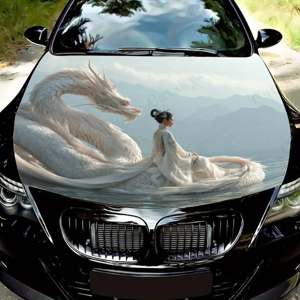 

White Dragon Fairy Car Hood Wrap - Waterproof PVC, Self-Adhesive Vinyl Decal For Engine Cover, Universal Fit, Enhances Appearanc