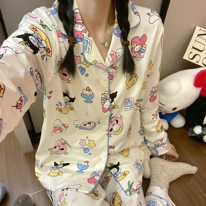 อะนิเมะ Kawaii Hello Kitty ผู้หญิงชุดนอน Sanrioed Kuromi Cinnamoroll ฤดูใบไม้ร่วงผ้าฝ้าย Homewear สาวการ์ตูน Nightgown เสื้อกางเกง