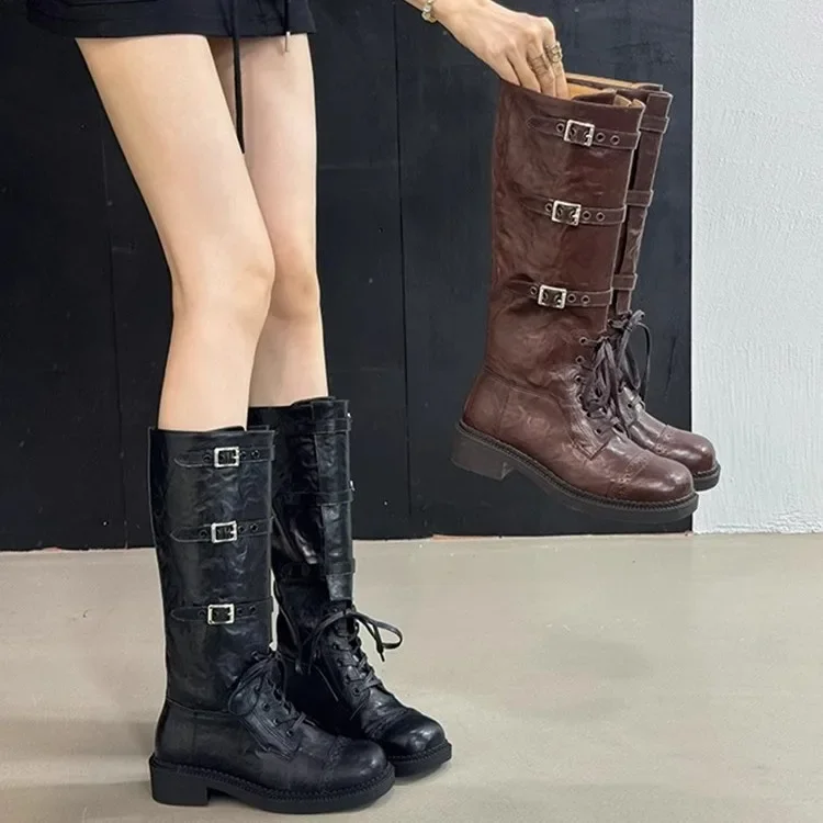

Street Style Women's Knee-High Modern Boots Brown Vintage Leather Belt Buckle Retro Long Boots 2024 Winter Tall Knight Boots