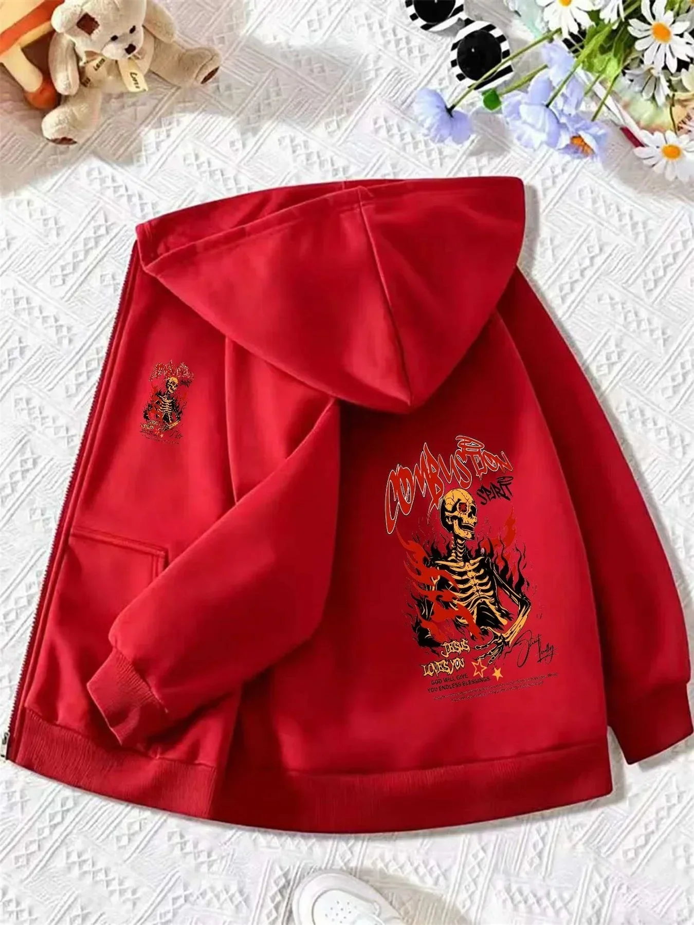 Gothic Skull Skeleton Flame Print Full Zip Hoodie Retro Red Letter Design Long Sleeve Couple Loose Outerwear Sweatshirt Coat