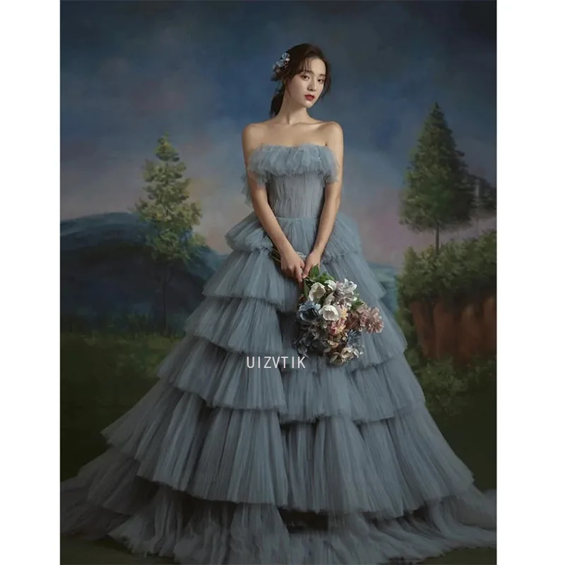 Элегантное многослойное свадебное платье для выпускного вечера без бретелек с открытой спиной, плиссированное платье с сеткой для фотографий, платья для женщин 프롬 드레스 по индивидуальному заказу
