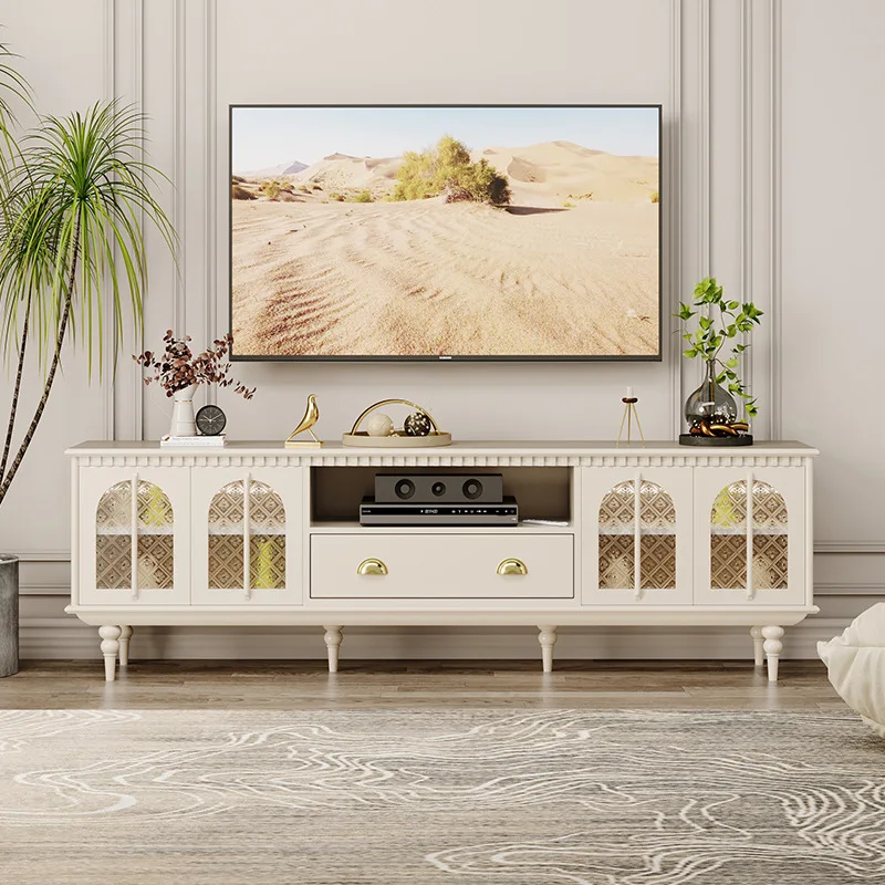 

French retro solid wood TV cabinet home living room wall glass with sensor light black art light luxury audio-visual cabinet