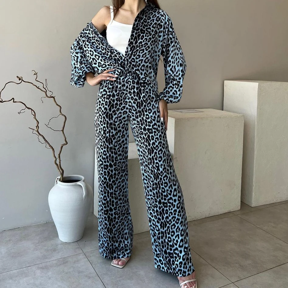 

Women Pant Sets Loose Leopard Print Trousers Sets Work Two Piece Set Elegant Turn Down Collar Shirt High Waist Wide Pants Set