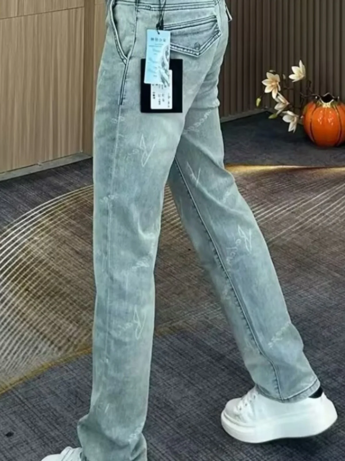 

Мужские джинсы высокого качества, прямые брюки, повседневные, с принтом, универсальные, облегающие, весна-осень, новый дизайн, модный молодежный Sle