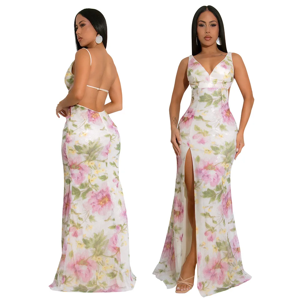 

EINY Chic Luxury High Slit Flower Sequins Long Maxi Dresses Sexy Vacation Sundress Elegant Sequins Party Dress Birthday Outfits