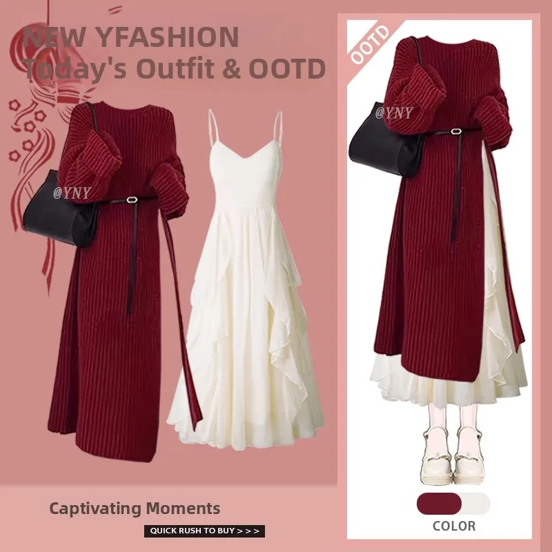 

New Year Red Long Sweater Coat Women's Faion Set Autumn Winter Two-Piece Set Waist-Cinching Strap Dr Ele Sle