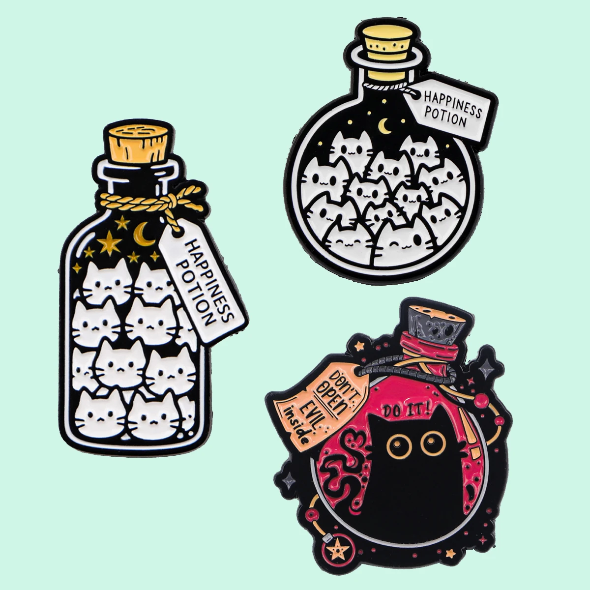 زجاجة القطط المينا دبابيس جرعة السعادة بروش معدني على ظهره قبعة حقيبة طوق شارات الرجال النساء مجوهرات الأزياء جمع هدية #4