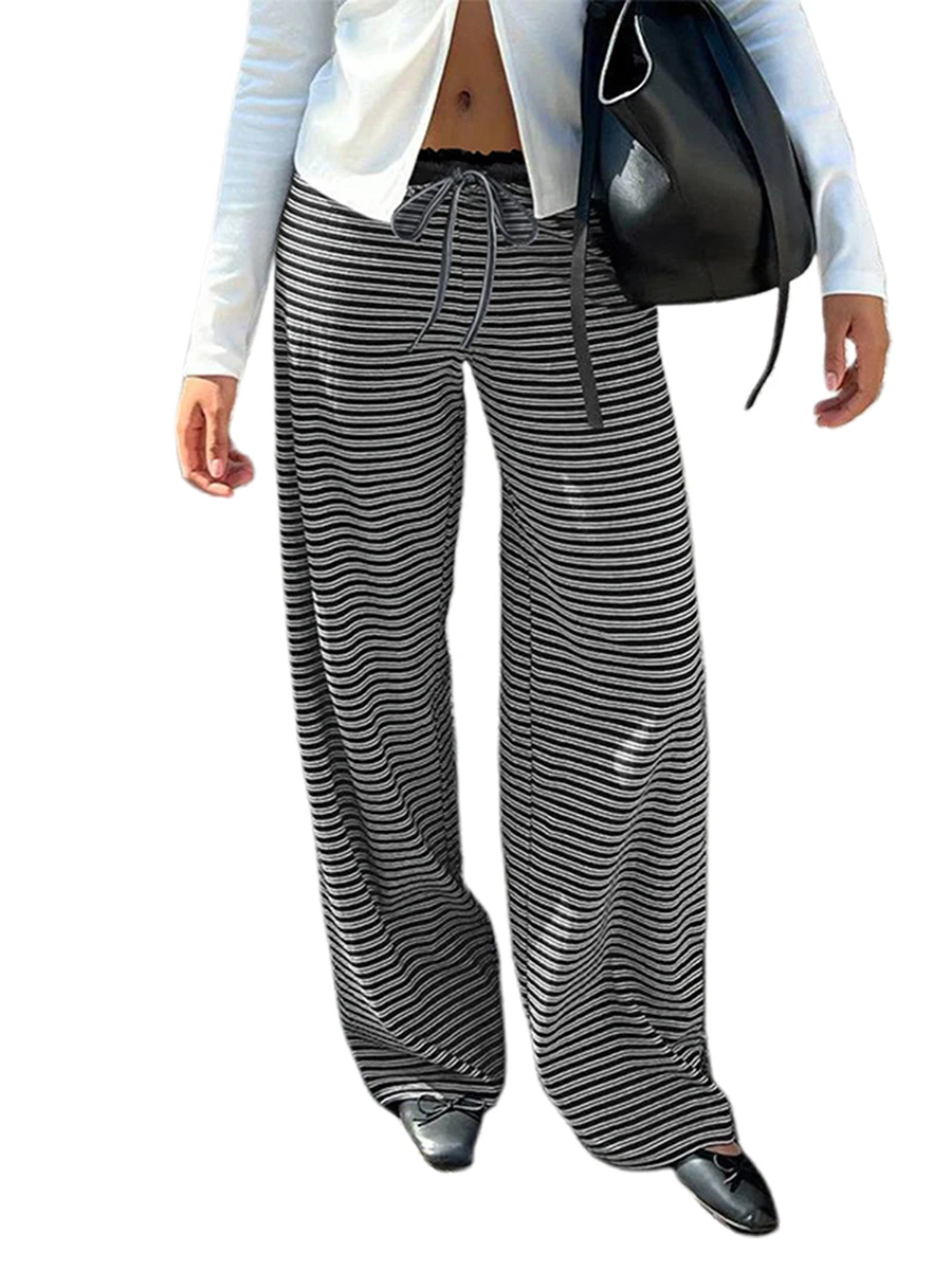 Женские вязаные брюки в полоску с эластичным шнурком на талии, свободные прямые брюки, уличная одежда