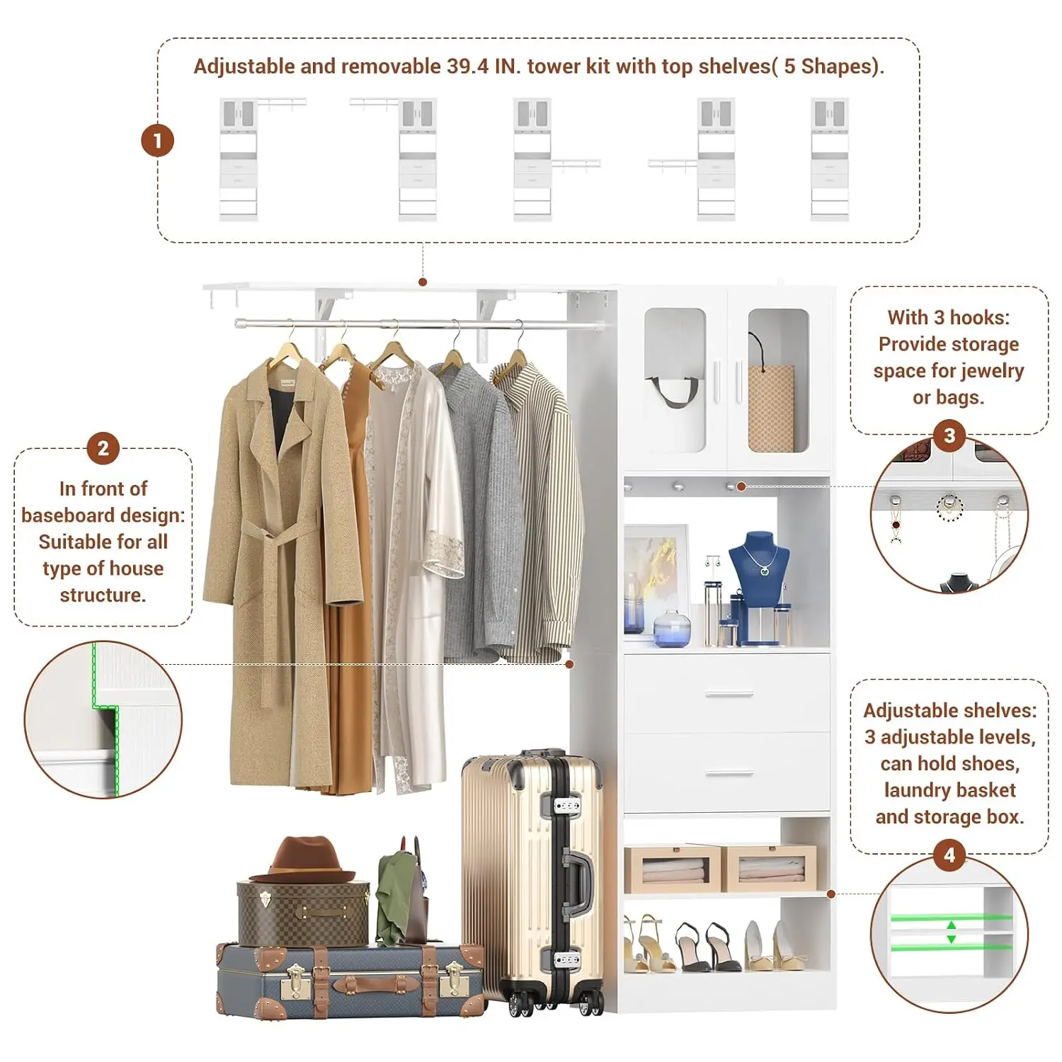 60'' Reversible Closet System with Doors, Drawers, Shelf & Hanging Rod, 80'' Tall Walk-in Wardrobe with Shelves , Customized