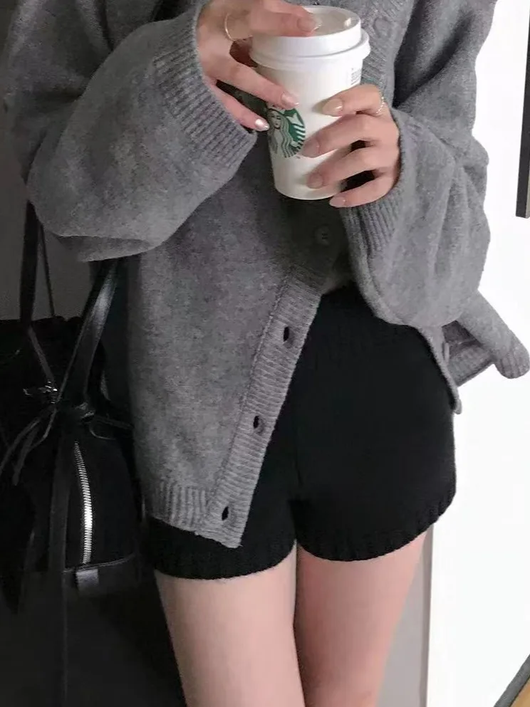 الكورية Sle عالية الخصر محبوك ort السراويل النسائية الخريف الشتاء فضفاض مستقيم الساق تصميم التخسيس تأثير بناطيل كاجوال #5