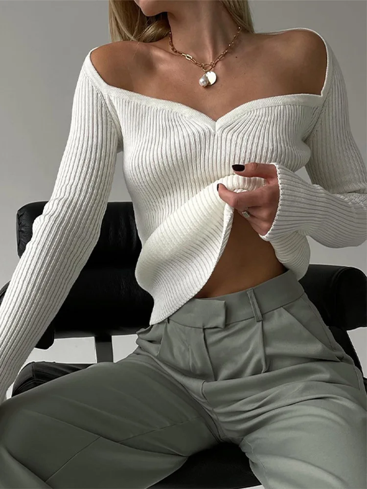 Square collar long sleeved base sweater for women, solid color, one shoulder high waist, sexy design, knitted sweater