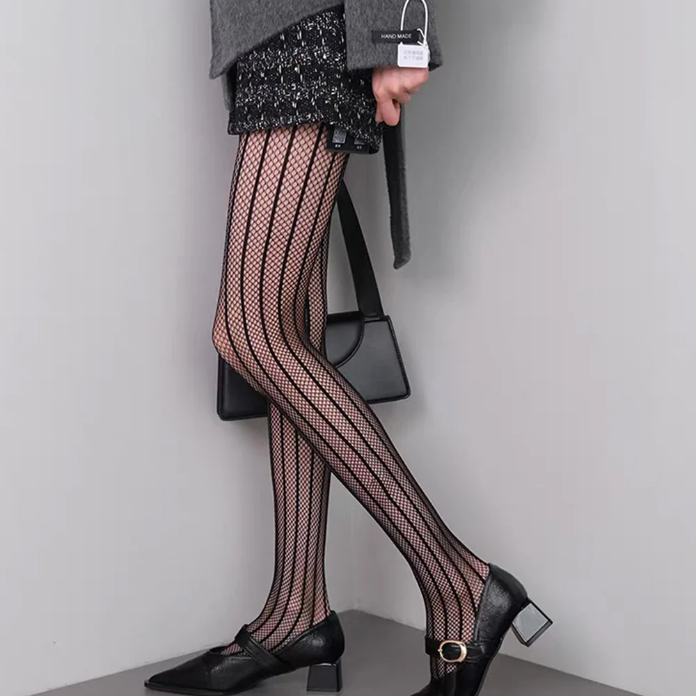 Damen Vintage Netzstrumpfhose Spitzenmuster ausgehöhlt Raute Punkt gestreift geometrisch sexy solide Strümpfe Zubehör