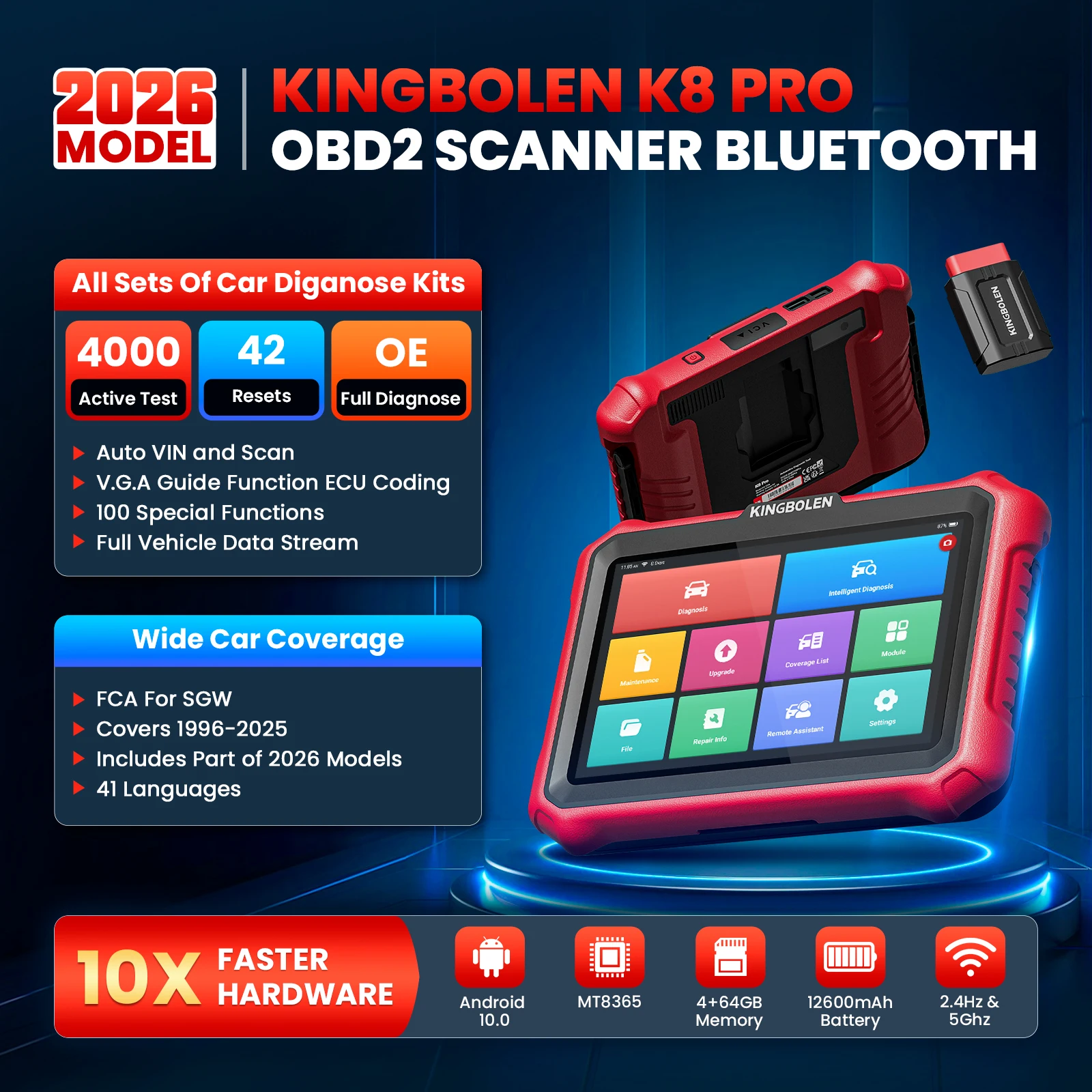 Lifetime free update 2026 KINGBOLEN  K8 pro Bidirectional Car OBD2 Diagnostic Scan tools,CANFD DOIP 34+ reset ECU Coding
