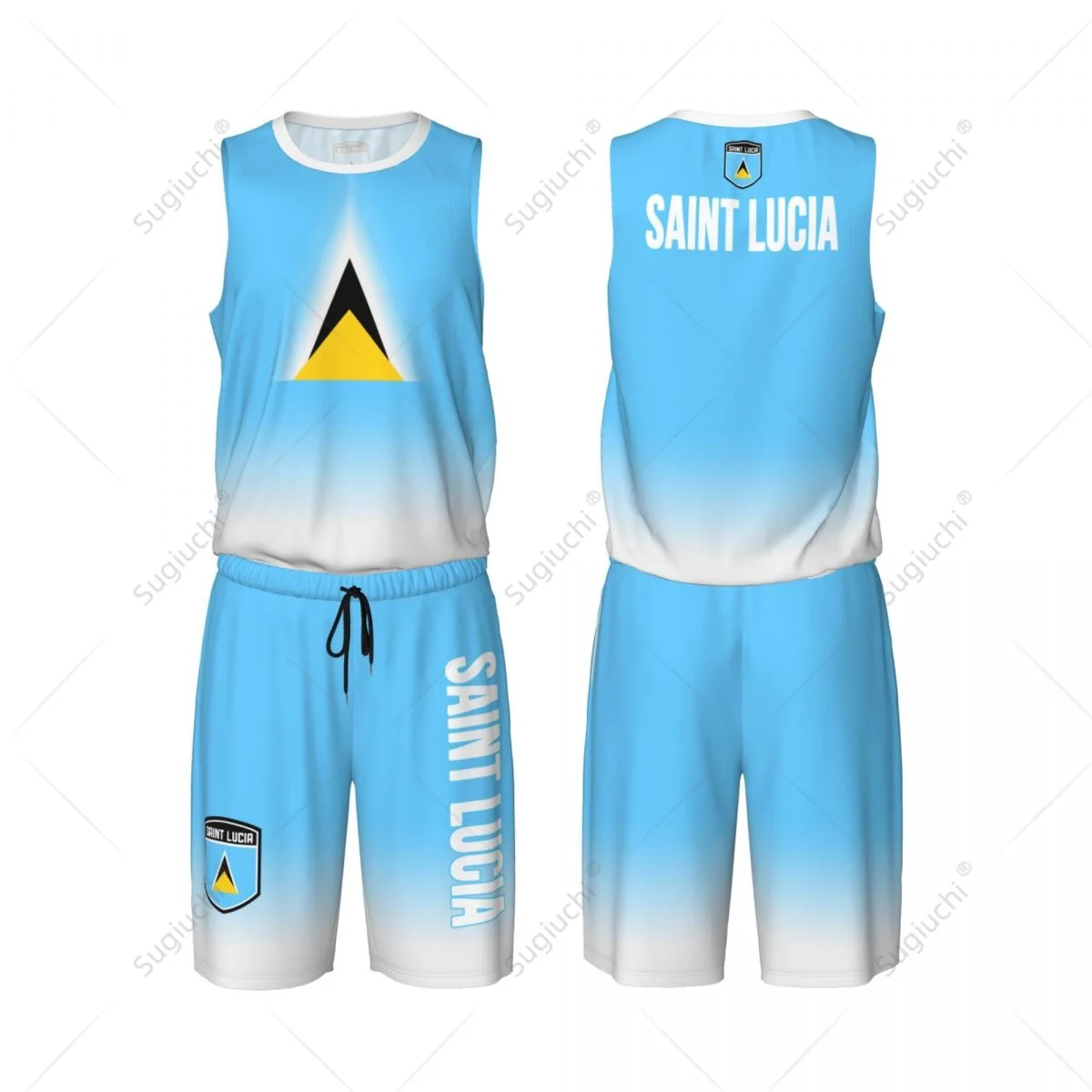 

Men Saint Lucia Flag Basketball Jersey Set Mesh Shirt & Pants Sleeveless Exclusive Team-up Custom Name Nunber Unisex