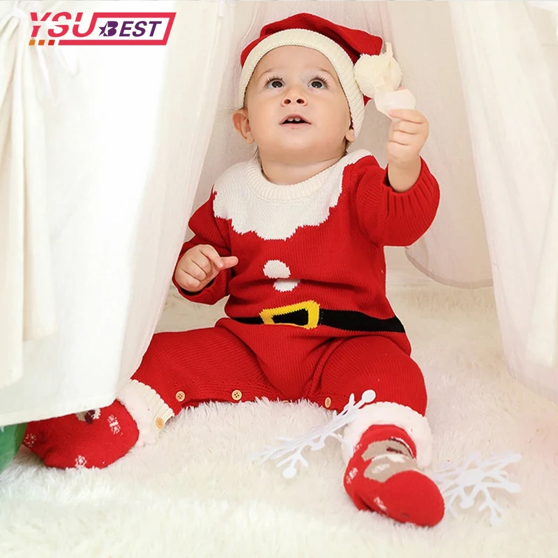 

New Christmas Rompers Kids Baby Boys Girls Rompers Clothes + Hat Autumn Winter Infant Baby Boy Girl Santa Claus Knitting Clothes
