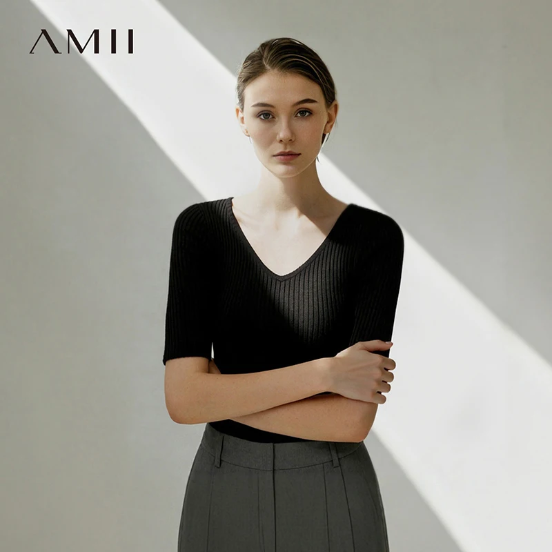 

Amii Women's Knit Top 2026 Summer New Short Sleeve V Neck Ribbed Sweater Versatile Office Casual Pullover For Women 12612005