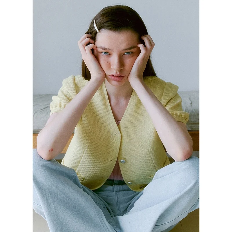 

Slimming V-Neck Pleated Commute Versatile Short Sleeve Top Short Outerwear Elegant Petite Style Button Detail Pocket Detail