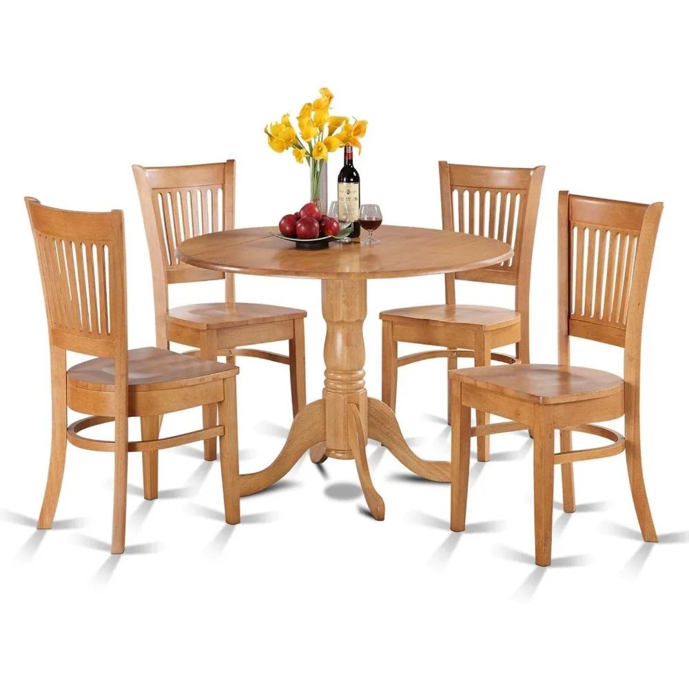 dlva5-oak-w 5 piece modern dining table set includes a round wooden table with dropleaf and 4 dining room chairs