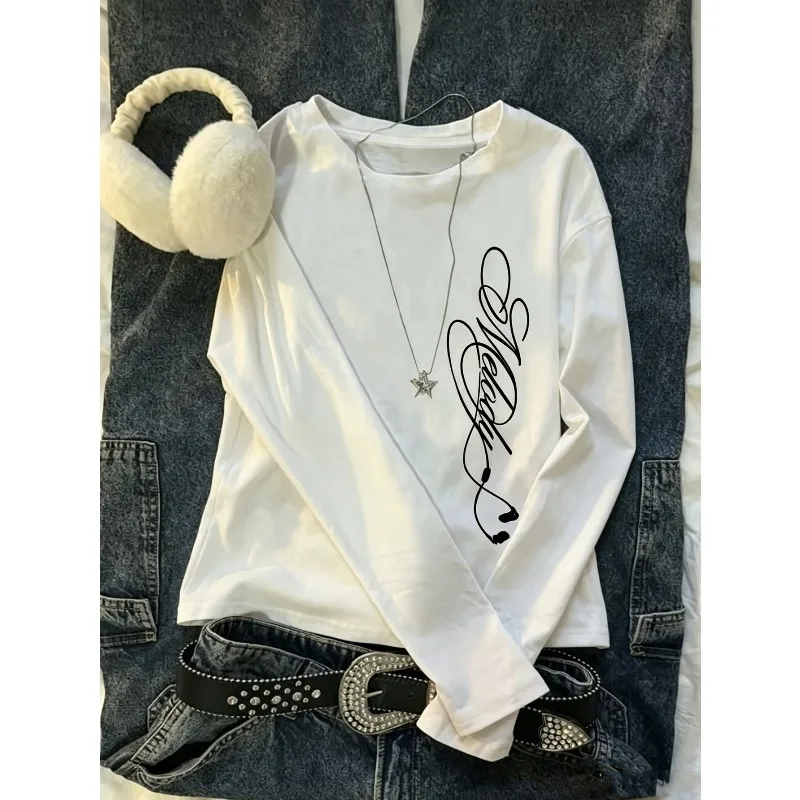 Women's Long Sleeved Y2K British Line Printed Long Sleeved Top for Autumn and Winter Y2K Street Style Versatile Basic Base Shirt
