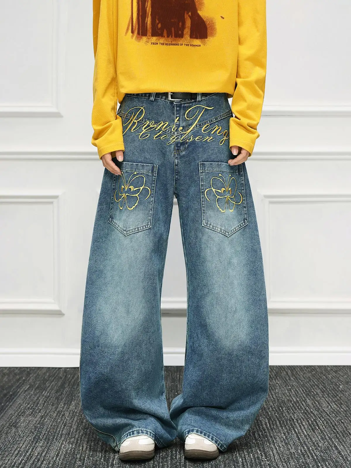 

Джинсы прямого кроя с вышивкой в ​​американском стиле, мужские осенне-зимние брюки-клеш, повседневные удобные джинсовые брюки